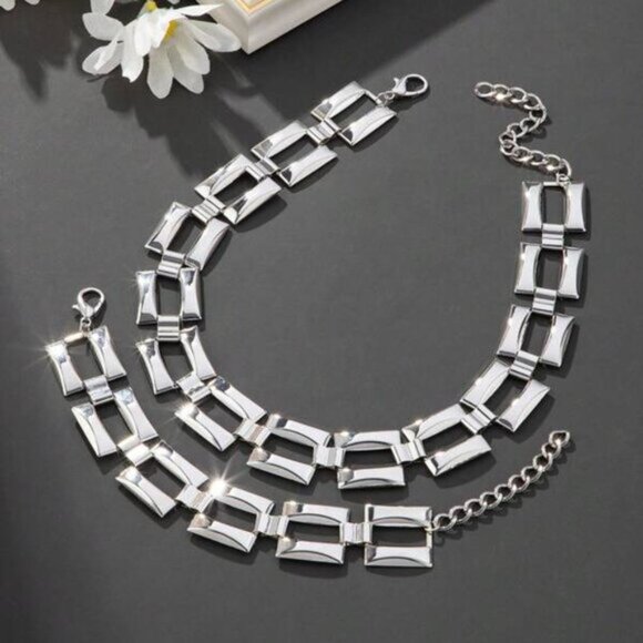 Sterling Silver 925 Geometric Square Link Necklace & Bracelet Set - Picture 4 of 5